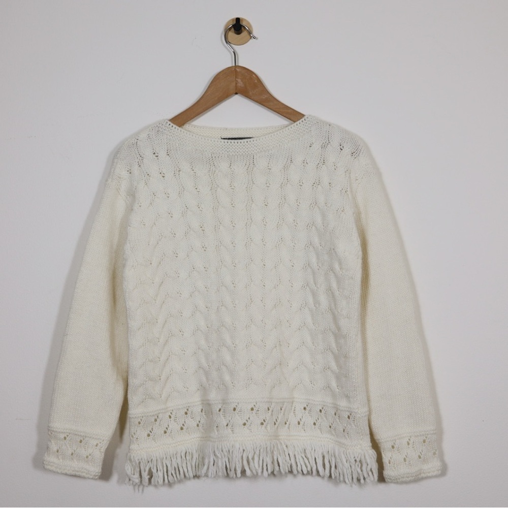 Elsamanda Sweater Medium Ivory Cable Knit Fringe Pointelle Boho Cream Pullover